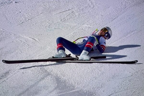 Lindsey Vonn crashes on February 8, 2026 at the Winter Olympics.