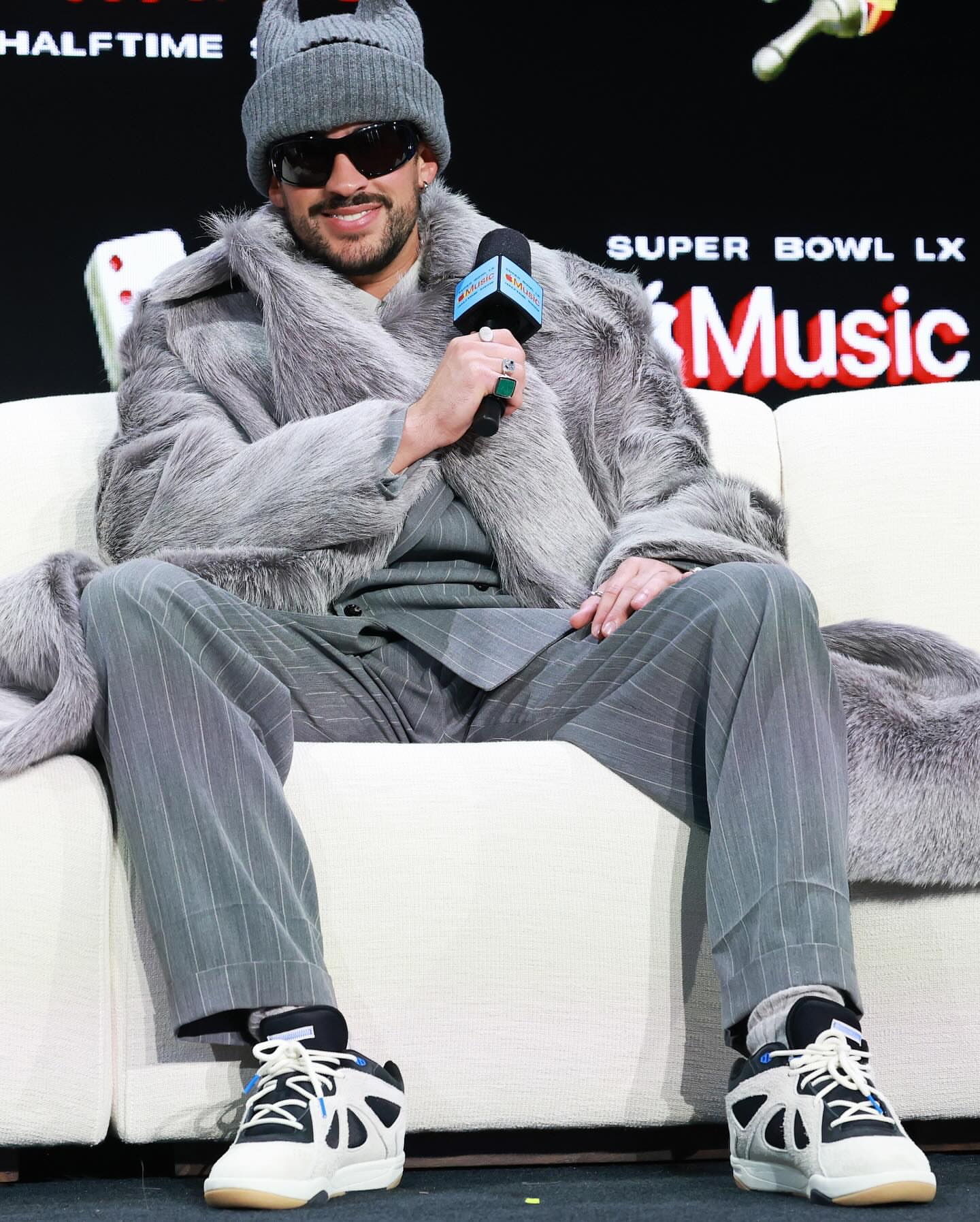 Bad Bunny Wore A Grey New Bottega SpringSummer 2026 Look To The Apple Music Super Bowl LIX Halftime Show Press Conference 1