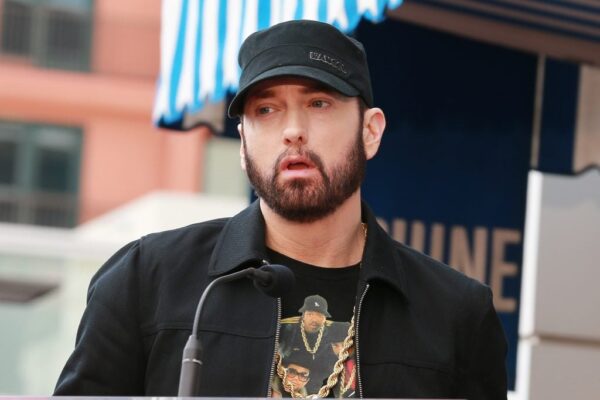 Eminem speaks during a ceremony honoring 50 Cent with a star on the Hollywood Walk of Fame on January 30, 2020 in Hollywood, California.