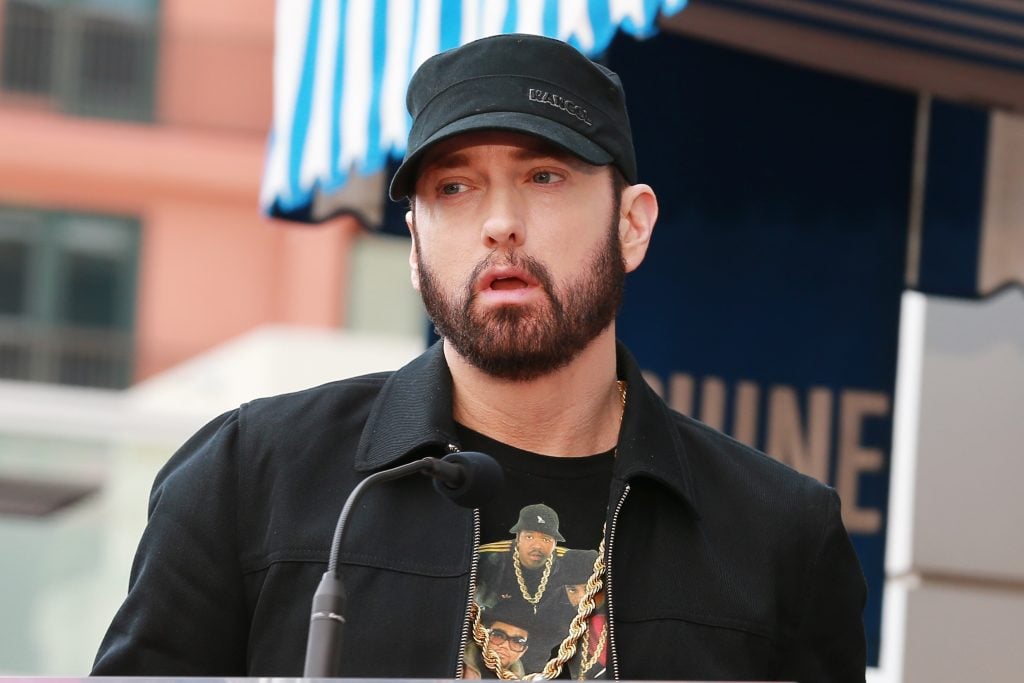 Eminem speaks during a ceremony honoring 50 Cent with a star on the Hollywood Walk of Fame on January 30, 2020 in Hollywood, California.