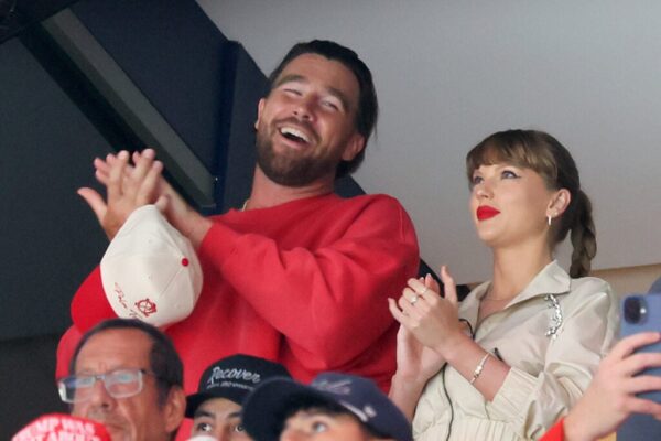 Travis Kelce, left, and Taylor Swift react as the Edmonton Oilers and the Florida Panthers play during the first period in Game Four of the 2025 Stanley Cup Final at Amerant Bank Arena on June 12, 2025 in Sunrise, Florida.