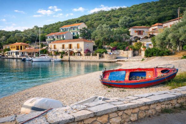 The quaint seaside village of Kefalonia Greece. A charming shoreline lined with villa style homes and red row boat on the sandy beach. A perfect slow and sunny day.