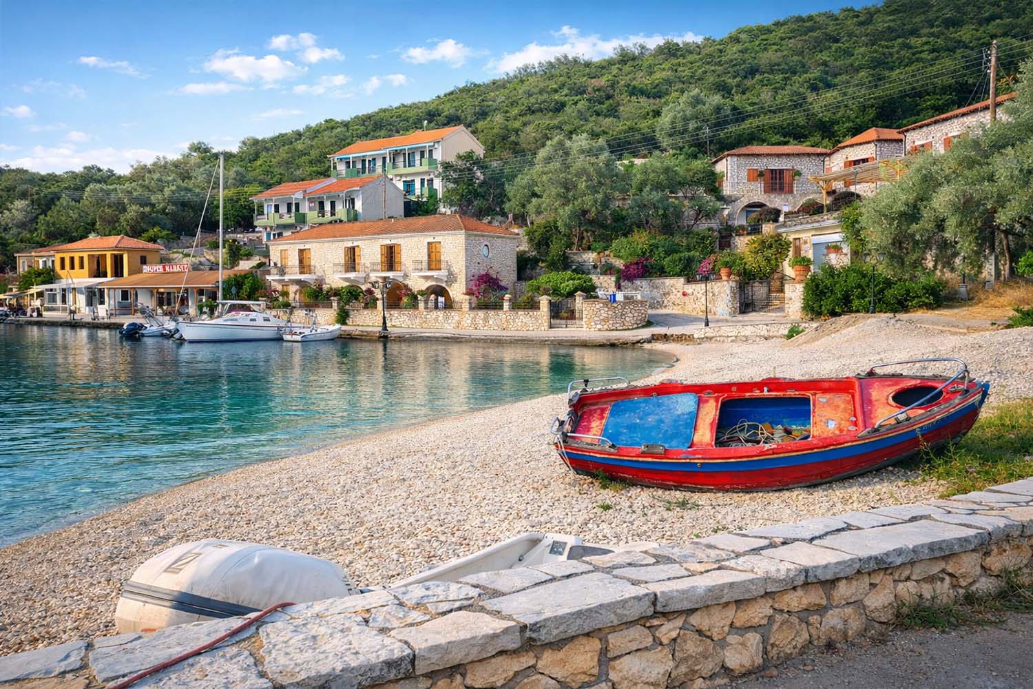 The quaint seaside village of Kefalonia Greece. A charming shoreline lined with villa style homes and red row boat on the sandy beach. A perfect slow and sunny day.