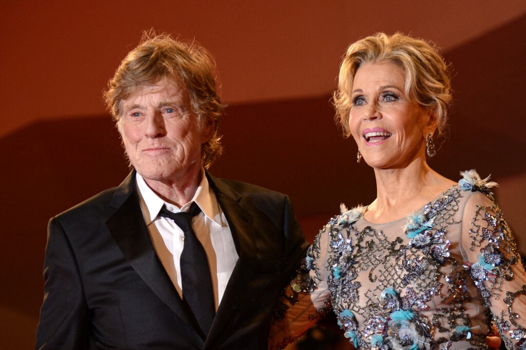 Jane Fonda and Robert Redford attending the premier of the movie