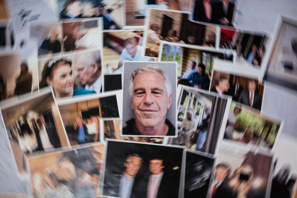 This photograph taken in Le-Perreux-sur-Marne, outside Paris on February 9, 2026 shows undated pictures provided by the US Department of Justice on January 30, 2026 as part of the Jeffrey Epstein files.