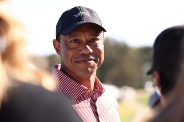 Tiger Woods of the United States looks on from the 18th green during the final round of The Genesis Invitational 2026 at Riviera Country Club on February 22, 2026 in Pacific Palisades, California.