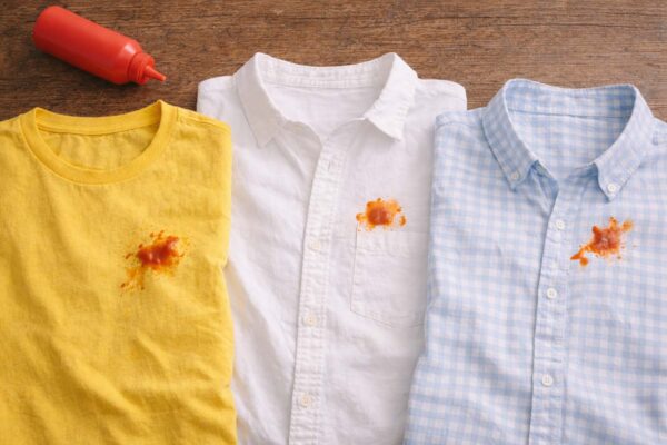 Three shirts with ketchup stains are laid flat side-by-side on a rustic wooden surface. From left to right: a yellow T-shirt with a small ketchup splatter on the lower chest area, a white button-down shirt with a round ketchup spot near the upper chest pocket area, and a light blue gingham button-down shirt with a smaller irregular ketchup stain near the right side of the chest. In the upper left corner of the scene sits a red plastic squeeze bottle of ketchup lying on its side. The stains appear like small accidental squirts similar to what might happen while adding ketchup to a burger.