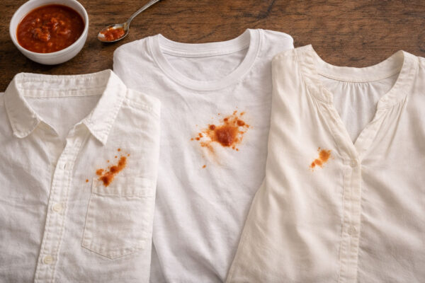 Three white garments laid flat on a dark wood surface, each with a fresh tomato sauce splatter stain: a button-down dress shirt on the left with a stain on the breast pocket, a crew-neck t-shirt in the center with a larger splattered stain on the chest, and a sleeveless blouse on the right with a smaller stain near the neckline. In the upper left corner, a white ceramic bowl of tomato sauce and a silver spoon with sauce residue rest on the wood surface.