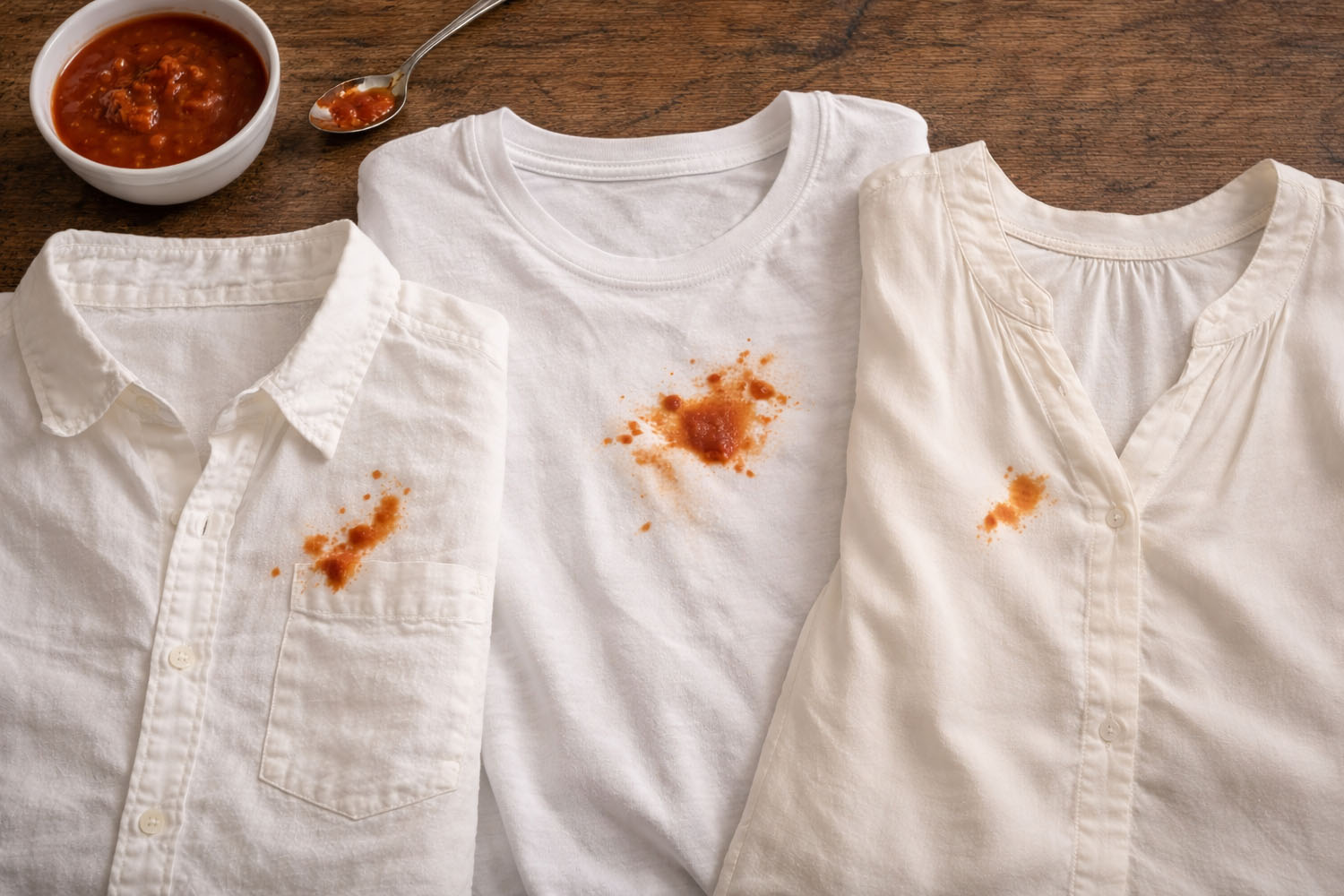 Three white garments laid flat on a dark wood surface, each with a fresh tomato sauce splatter stain: a button-down dress shirt on the left with a stain on the breast pocket, a crew-neck t-shirt in the center with a larger splattered stain on the chest, and a sleeveless blouse on the right with a smaller stain near the neckline. In the upper left corner, a white ceramic bowl of tomato sauce and a silver spoon with sauce residue rest on the wood surface.