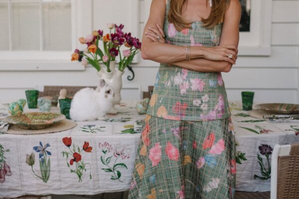 green floral spring dress crochet head scarf spring tablescape