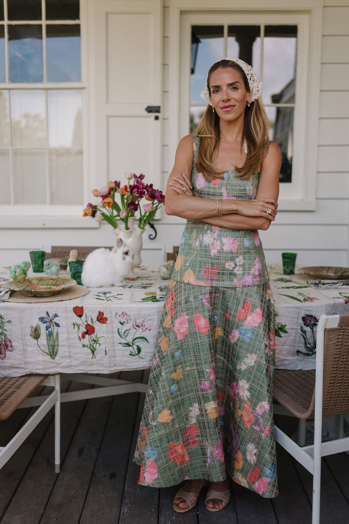 green floral spring dress crochet head scarf spring tablescape