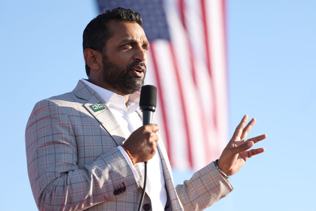 Former Chief of Staff to the Department of Defense Kash Patel speaks during a campaign rally at Minden-Tahoe Airport on October 08, 2022 in Minden, Nevada.