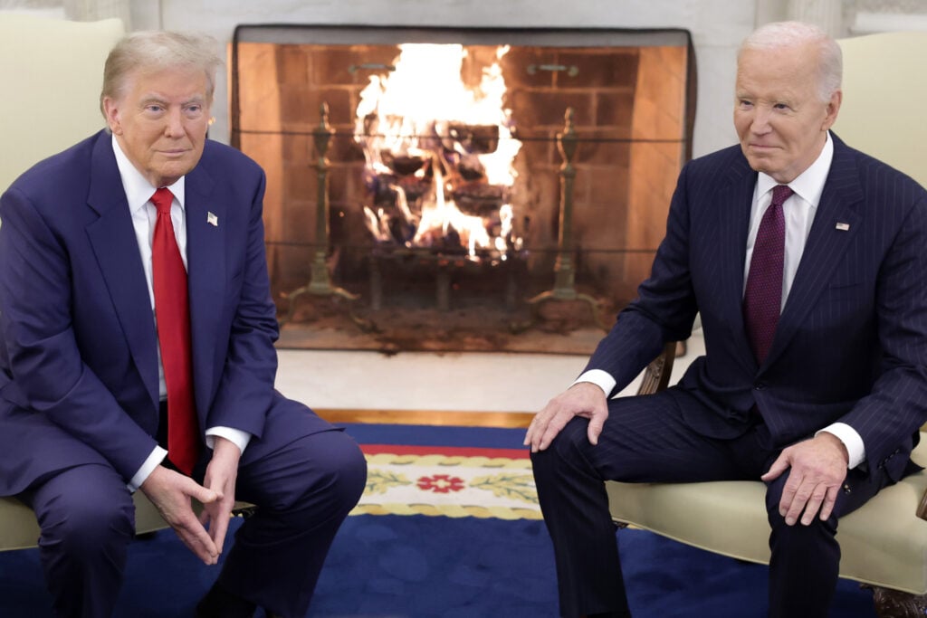 U.S. President Joe Biden meets with U.S. President-elect Donald Trump in the Oval Office of the White House on November 13, 2024 in Washington, DC.