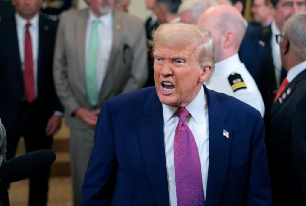 U.S. President Donald Trump responds to a reporters question as he leaves after signing a series of bills related to Californiaâs vehicle emissions standards during an event in the East Room of the White House on June 12, 2025 in Washington, DC.