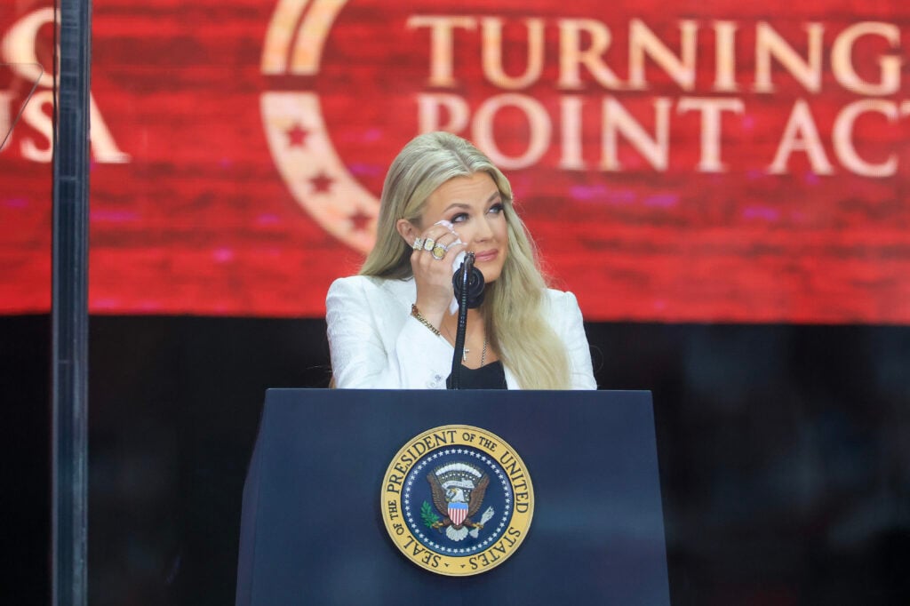 Mrs. Erika Kirk speaks during the memorial service for her husband, political activist Charlie Kirk at State Farm Stadium on September 21, 2025 in Glendale, Arizona.