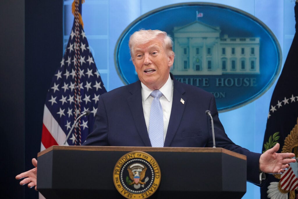 U.S. President Donald Trump speaks during a news conference in James S. Brady Press Briefing Room of the White House on April 06, 2026 in Washington, DC.