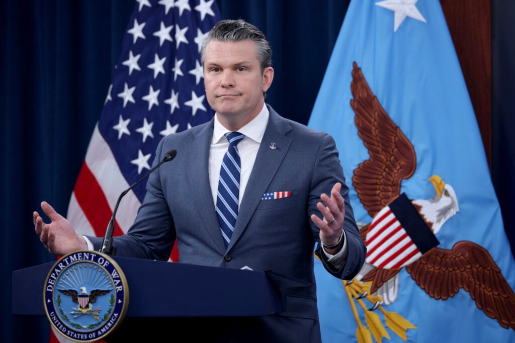 U.S. Secretary of War Pete Hegseth speaks during a press briefing at the Pentagon on April 16, 2026 in Arlington, Virginia. Hegseth addressed the war between the United States and Israel against Iran as negotiations continue toward a longer-term agreement between the countries.