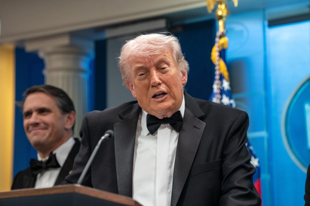 U.S. President Donald Trump speaks during a press conference in the Brady Briefing Room of the White House on April 25, 2026 in Washington, DC.
