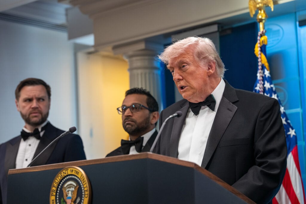 U.S. President Donald Trump speaks during a press conference in the Brady Briefing Room of the White House on April 25, 2026 in Washington, DC.
