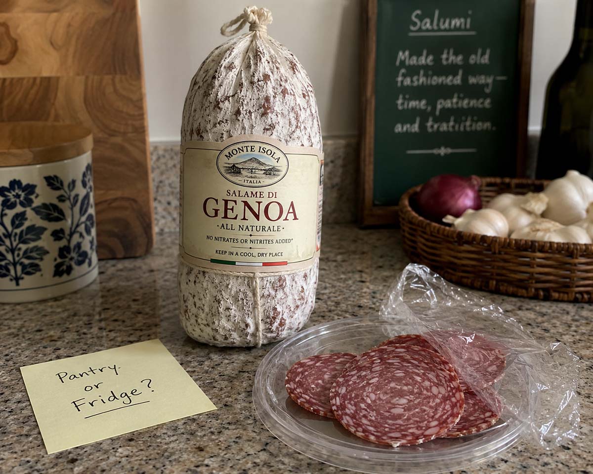 sliced salami and a whole salami on a counter