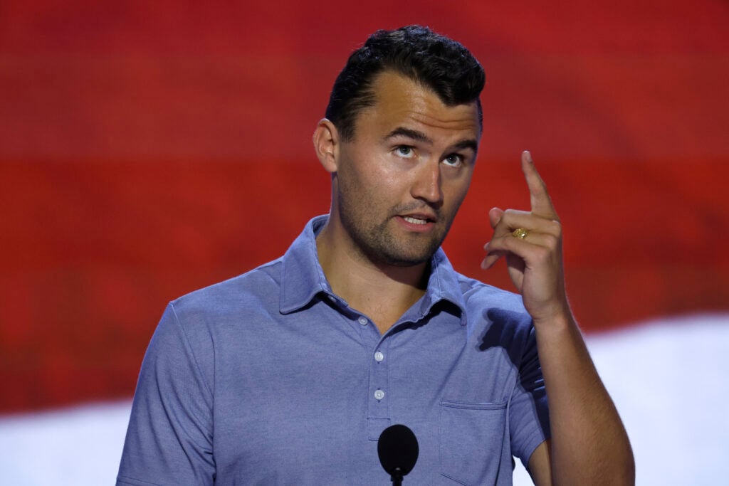 Turning Point USA Founder Charlie Kirk is seen onstage at the Fiserv Forum during preparations for the Republican National Convention (RNC) on July 14, 2024, in Milwaukee, Wisconsin. Delegates, politicians, and the Republican faithful are arriving in Milwaukee for the annual convention, concluding with former President Donald Trump accepting his party