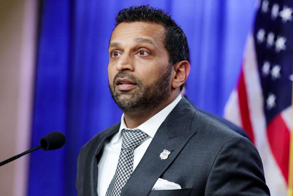 Federal Bureau of Investigation (FBI) Director Kash Patel speaks alongside Acting U.S. Attorney General Todd Blanche during a news conference at the at the Robert F. Kennedy Department of Justice building on April 21, 2026 in Washington, DC.