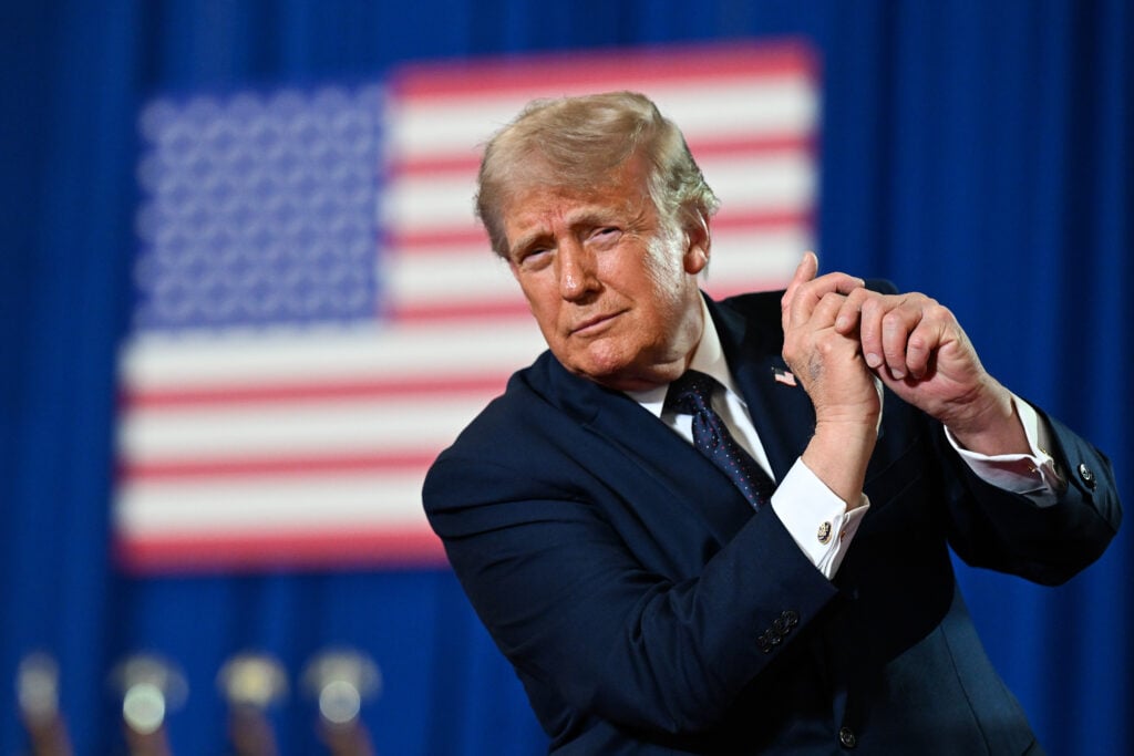 U.S. President Donald Trump dances on stage after delivering remarks during a campaign and economic policy event in the Eugene Levy Fieldhouse at SUNY Rockland Community College on May 22, 2026 in Suffern, New York.