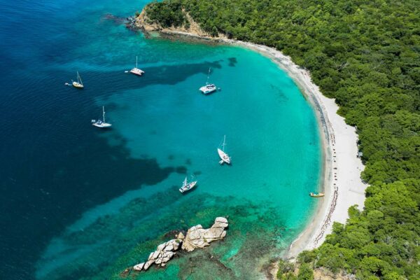 Aerial view of boats on the shore of Anse La Roche Bay, Anse la Roche, Grenada