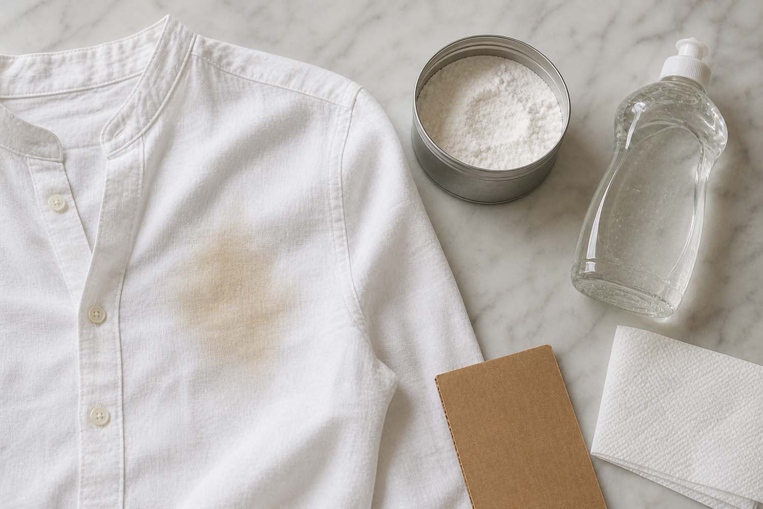flat lay on a white marble countertop showing an open tin of cornstarch, a bottle of dish soap, a folded white paper towel, a small piece of cardboard, and a white linen shirt with a faint grease mark visible,