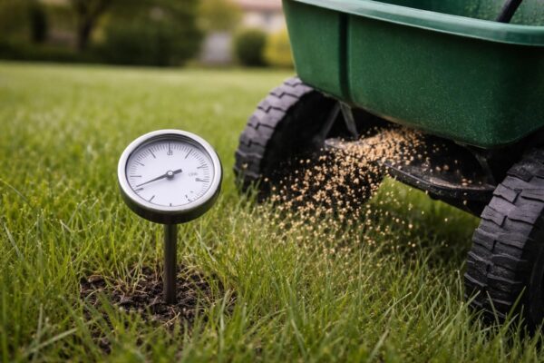 a container of weed killer on wheels with a timer on a front lawn