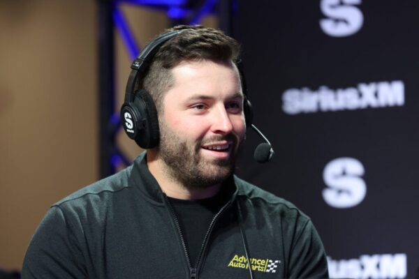 Baker Mayfield speaks SiriusXM at Super Bowl LVIII  on February 07, 2024 in Las Vegas, Nevada.