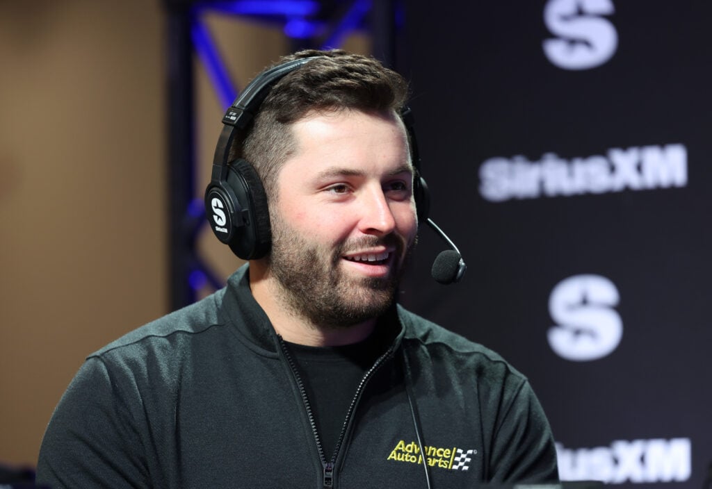 Baker Mayfield speaks SiriusXM at Super Bowl LVIII  on February 07, 2024 in Las Vegas, Nevada.