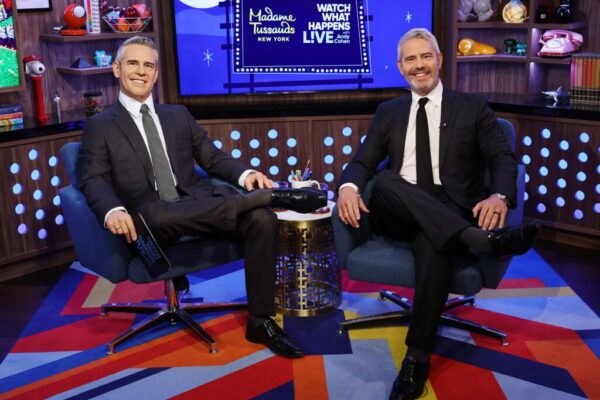 Andy Cohen poses side by side with his Madame Tussauds wax figure at the reveal of Andy Cohen Wax Figure In Perfectly Replicated âWatch What Happens Live With Andy Cohenâ Set at Madame Tussauds on August 15, 2024 in New York City.