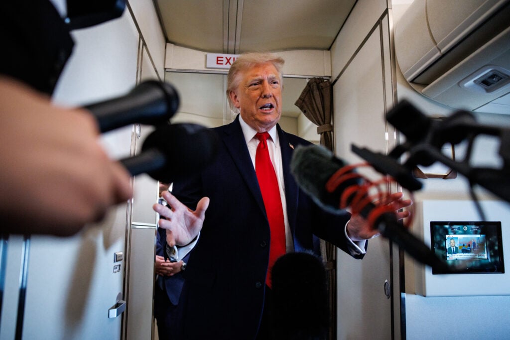 U.S. President Donald Trump speaks with reporters while aboard Air Force One on June 5, 2026 en route to Chippewa Falls, Wisconsin. President Trump is traveling to an event at Custer Farms in Chippewa Falls, Wisconsin.