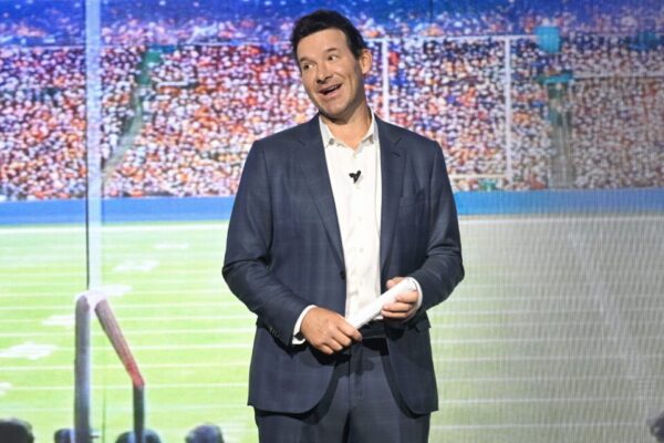 Tony Romo, CBS Sports speaks on stage during New York Upfront Partnership Event 2026 at Storied NYC on April 23, 2026 in New York City.