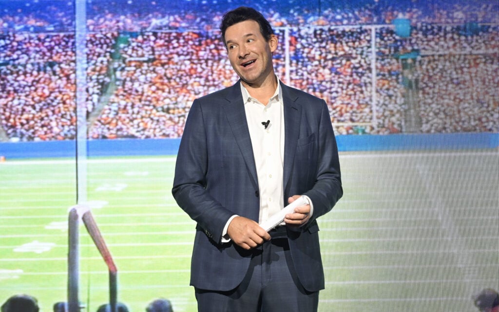 Tony Romo, CBS Sports speaks on stage during New York Upfront Partnership Event 2026 at Storied NYC on April 23, 2026 in New York City.