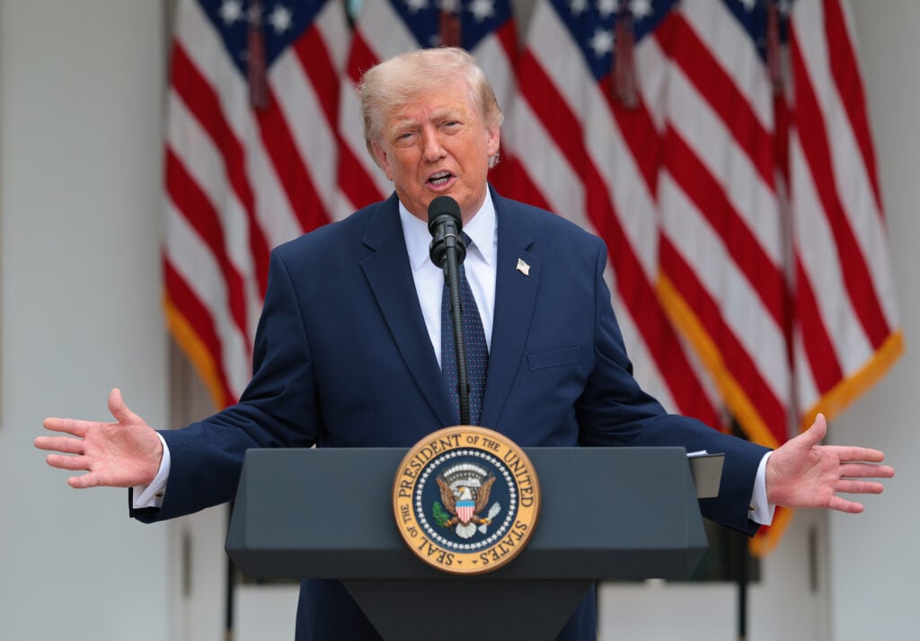 U.S. President Donald Trump speaks at the White House on July 06, 2026 in Washington, DC. Trump is hosting a luncheon in the Rose Garden Club.