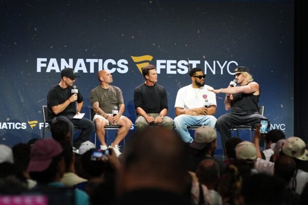 Chris Costa, Wesley Sneijder, Tom Brady, Karl-Anthony Towns, and Logan Paul speak onstage during the This is Why We Collect panel at Fanatics Fest NYC 2026 at Jacob Javits Center on July 17, 2026 in New York City.