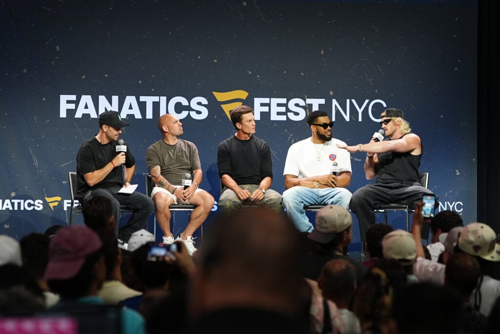 Chris Costa, Wesley Sneijder, Tom Brady, Karl-Anthony Towns, and Logan Paul speak onstage during the This is Why We Collect panel at Fanatics Fest NYC 2026 at Jacob Javits Center on July 17, 2026 in New York City.