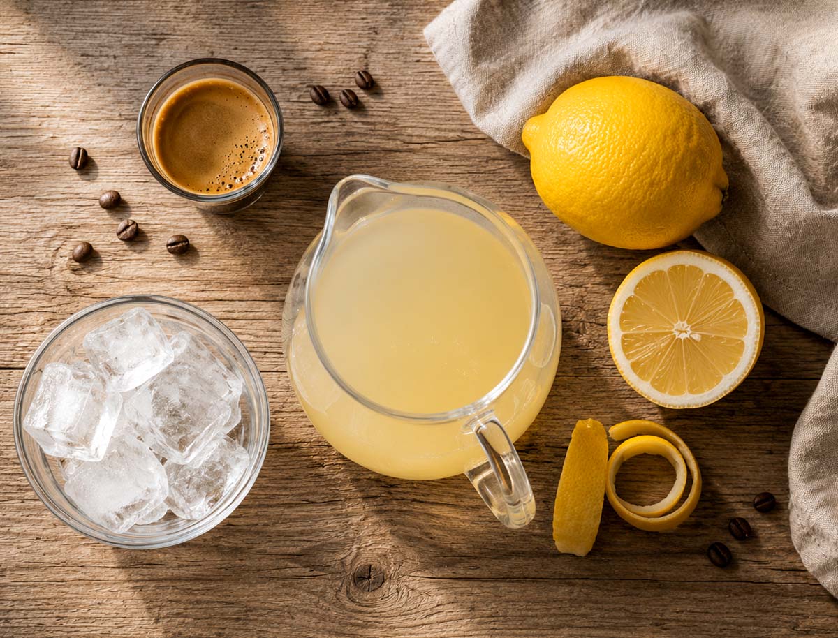 Espresso lemonade ingredients arranged overhead, including a shot of espresso, a pitcher of lemonade, ice, lemon, and lemon peel